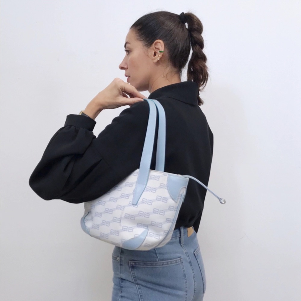Auth Rare Balenciaga Baby Blue Mini Tote Bag Convertible crossbody BB monogram